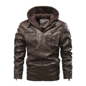 Chaqueta de piel sintética para hombre, chaqueta de bombardero para motocicleta, abrigo de invierno con capucha extraíble