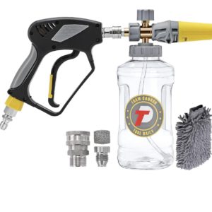 ( DISPONIBLE MUY PRONTO )Cañón de espuma con pistola de lavado a presión de 5000 PSI, pistola de lavado eléctrico con conector rápido giratorio de 3/8 pulgadas, lanzador de espuma ajustable, M22 y conexión rápida de 1/4 pulgadas, 1.5 litros