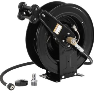 ( DISPONIBLE MUY PRONTO ) Carrete de manguera de lavado de alta presión para agua/aire/aceite, 3/8 pulgadas x 50 pies, carrete de manguera de lavado automático retráctil de acero de doble brazo, carrete de manguera resistente 4000 PSI