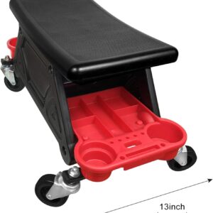 Taburete rodante detallado de garaje con ruedas, bandeja de herramientas de reparación de silla de asiento enrollable, 2 cajones de almacenamiento de herramientas debajo del asiento, capacidad de 300 libras