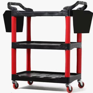 Carro de detalles automáticos con ruedas, carrito de detalles rodantes de 3 niveles con placa larga para colgar, ganchos y cubo colgante, carrito organizador de lavado de autos para